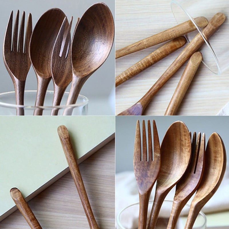 1 tk naturaalne must pähklipuust lusikas kahvliga õhtusöök söömine joogisupid poon salat kahvel lauanõud käsitsi valmistatud majapidamisnõud