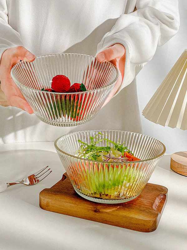 Διαφανές μπολ σαλάτας Γυάλινο Στρογγυλό Σετ οικιακής χρήσης σε ιαπωνικό στυλ Δημιουργικό κέικ φρούτων ριγέ προμήθειες κουζίνας