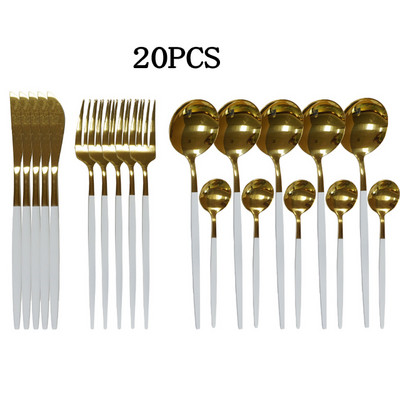 20 tk Kuldne roostevabast terasest söögiriistade komplekt Peegel Hõbedane nuga Kahvel Lusikas Lauanõude komplekt Nõudepesumasinas pestav