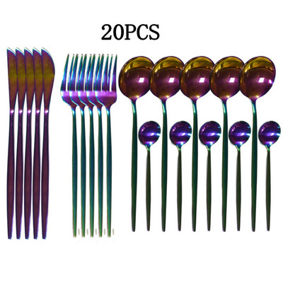 20 tk Kuldne roostevabast terasest söögiriistade komplekt Peegel Hõbedane nuga Kahvel Lusikas Lauanõude komplekt Nõudepesumasinas pestav