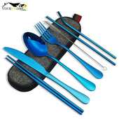8vnt./rinkinys Stalo reikmenų daugkartinio naudojimo kelioninių stalo įrankių rinkinys stovyklavietės indų rinkinys su nerūdijančio plieno šaukštu šakute lazdelėmis šiaudų nešiojamas dėklas
