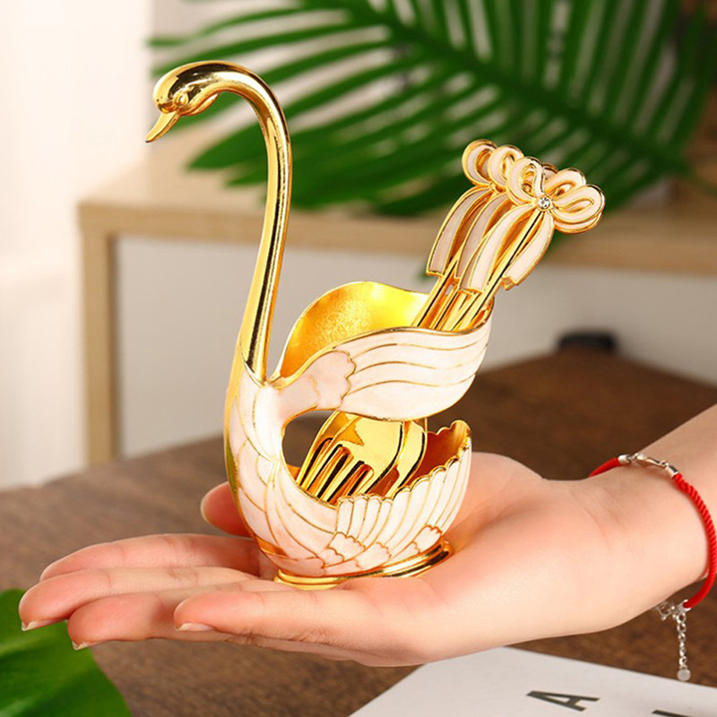 6 vnt. šaukštai + 1 vnt. laikiklis gulbės šakutės kavos šaukšto laikiklis tuščiaviduris namų dekoravimui vaisius desertas, svetainė virtuvės stalo reikmenų rinkinys