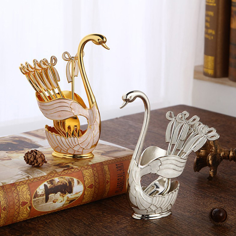 6 vnt. šaukštai + 1 vnt. laikiklis gulbės šakutės kavos šaukšto laikiklis tuščiaviduris namų dekoravimui vaisius desertas, svetainė virtuvės stalo reikmenų rinkinys