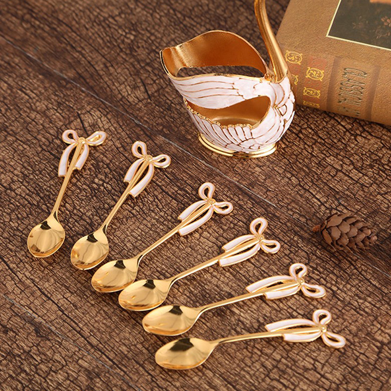 6 vnt. šaukštai + 1 vnt. laikiklis gulbės šakutės kavos šaukšto laikiklis tuščiaviduris namų dekoravimui vaisius desertas, svetainė virtuvės stalo reikmenų rinkinys