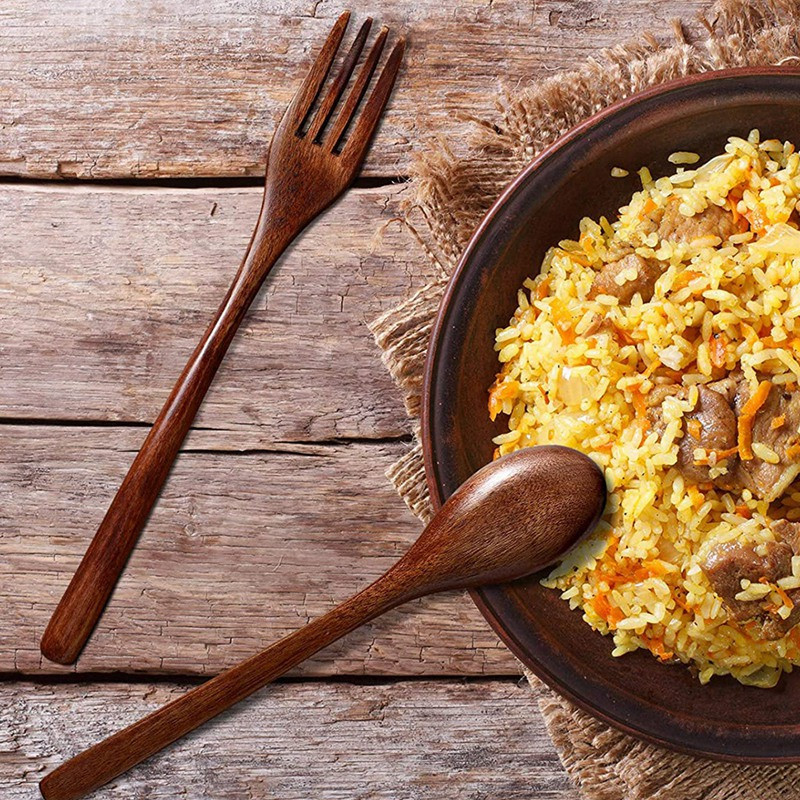 10 vnt medinių šaukštų šakučių rinkinys Medinis indų rinkinys Daugkartinio naudojimo natūralaus medžio stalo įrankių rinkinys maisto ruošimui, valgymui maišant