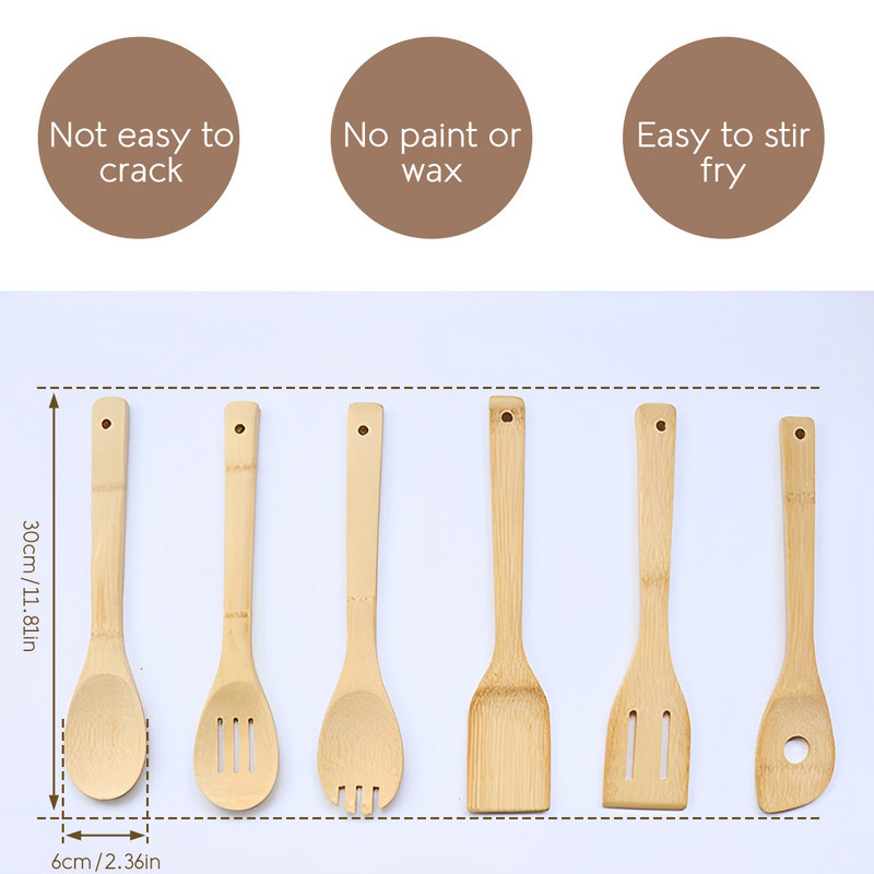 6 τμχ Σετ μαγειρικών σκευών μπαμπού Κουτάλια ανθεκτικά στη θερμότητα Σπάτουλα σέσουλα νουντλς επαναχρησιμοποιήσιμη αξεσουάρ εργαλείων κουζίνας για μάγειρα