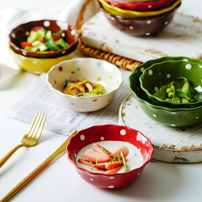 5/6,2/6,8 colio Polka Dots Lotus Border Bowl Keraminis salotų patiekalas Sriuba Makaronų dubuo Virtuvės indai Mikrobangų krosnelė Kepiniai