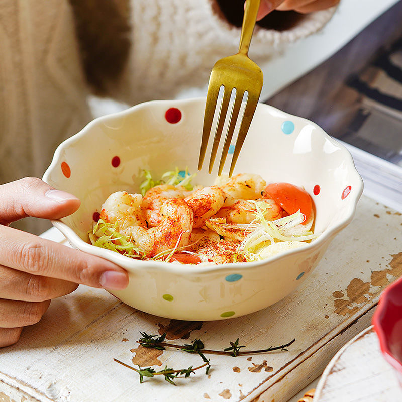 5/6,2/6,8 colio Polka Dots Lotus Border Bowl Keraminis salotų patiekalas Sriuba Makaronų dubuo Virtuvės indai Mikrobangų krosnelė Kepiniai