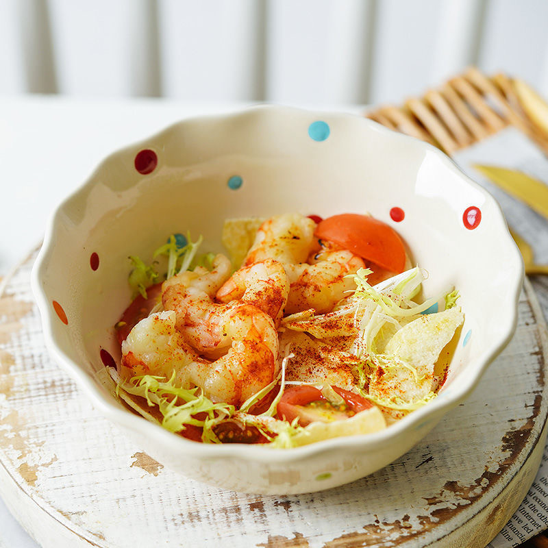 5/6,2/6,8 colio Polka Dots Lotus Border Bowl Keraminis salotų patiekalas Sriuba Makaronų dubuo Virtuvės indai Mikrobangų krosnelė Kepiniai