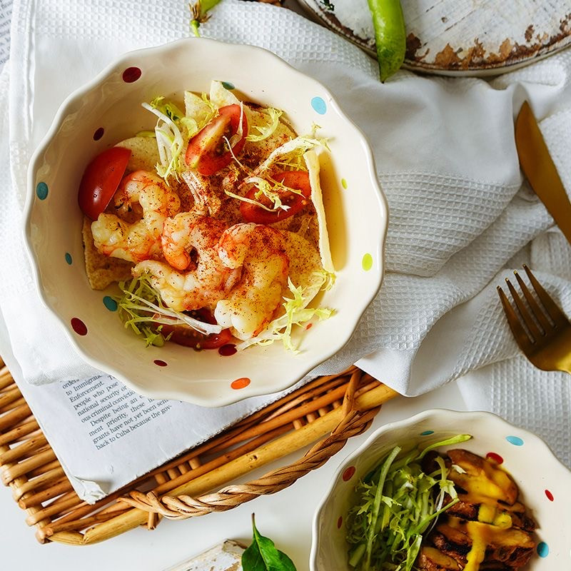 5/6,2/6,8 colio Polka Dots Lotus Border Bowl Keraminis salotų patiekalas Sriuba Makaronų dubuo Virtuvės indai Mikrobangų krosnelė Kepiniai