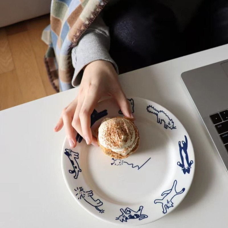 Beating Kitten Blue keraamiline hommikusöögitaldrik Korea stiilis retro magustoit Lääne toidutaldrik Armas tüdruku süda Prantsuse taldrik