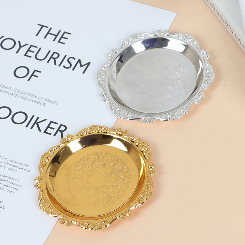 Sidabrinė auksinė geležies padėklo blizgi lėkštė dekoravimui, savitarnos vaisinių pyragų vakarėliams reikmenys Desertų smulkmenoms laikymo lėkštės