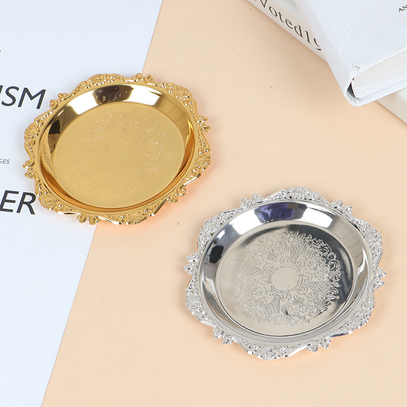 Sidabrinė auksinė geležies padėklo blizgi lėkštė dekoravimui, savitarnos vaisinių pyragų vakarėliams reikmenys Desertų smulkmenoms laikymo lėkštės