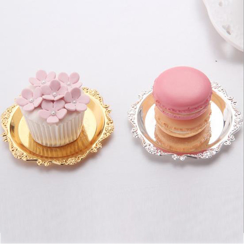 Sidabrinė auksinė geležies padėklo blizgi lėkštė dekoravimui, savitarnos vaisinių pyragų vakarėliams reikmenys Desertų smulkmenoms laikymo lėkštės