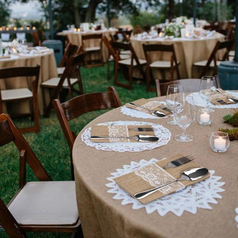 NHBR 50 vnt Natūralaus džiuto stalo įrankiai Peiliai ir šakutės Stalo įrankių rinkinys Sidabrinių maišelių laikiklis Nėrinių papuošimas Vestuvėms 21x11cm