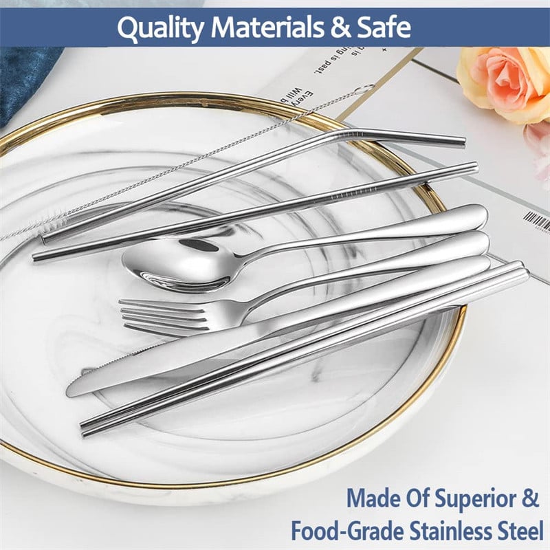 Set de ustensile reutilizabile de călătorie din oțel inoxidabil, lingură de camping, furculiță, cu carcasă, bețișoare și paie, set portabil de tacâmuri