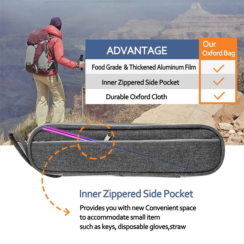 Set de ustensile reutilizabile de călătorie din oțel inoxidabil, lingură de camping, furculiță, cu carcasă, bețișoare și paie, set portabil de tacâmuri