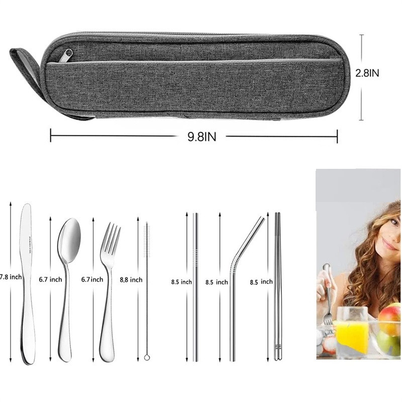 Set de ustensile reutilizabile de călătorie din oțel inoxidabil, lingură de camping, furculiță, cu carcasă, bețișoare și paie, set portabil de tacâmuri
