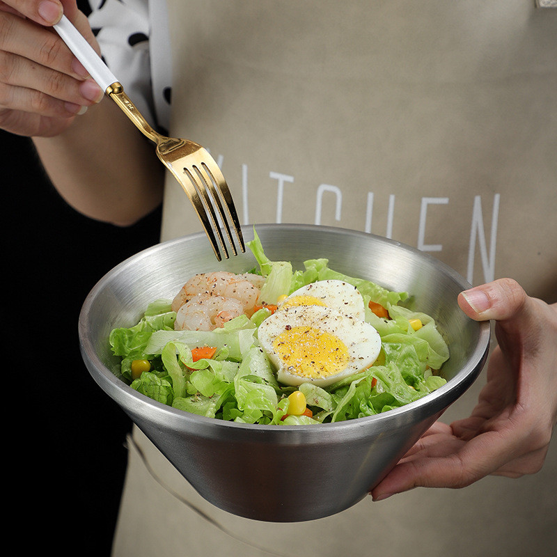 Dviejų sluoksnių V formos ryžių salotų dubuo korėjietiškas 304 nerūdijančio plieno ramen makaronų dubenys, apsaugantys nuo nuplikimo virtuvės reikmenys