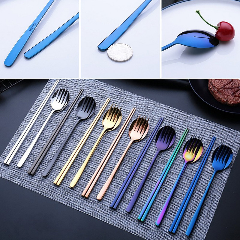 Oțel inoxidabil 304, portabil, stil coreean, lingură, furculiță, betisoare, set din trei piese, veselă pentru cină, accesorii pentru bucătărie