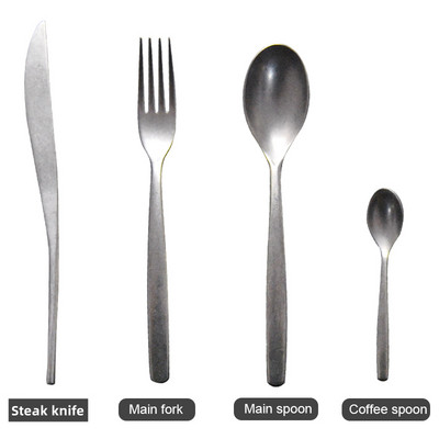 Retro matinis sidabras Nerūdijančio plieno indų rinkinys Stalo įrankių rinkiniai Vestuvių šakutės kepsnys peiliai Kavos šaukštelis indai matinis šepečiu
