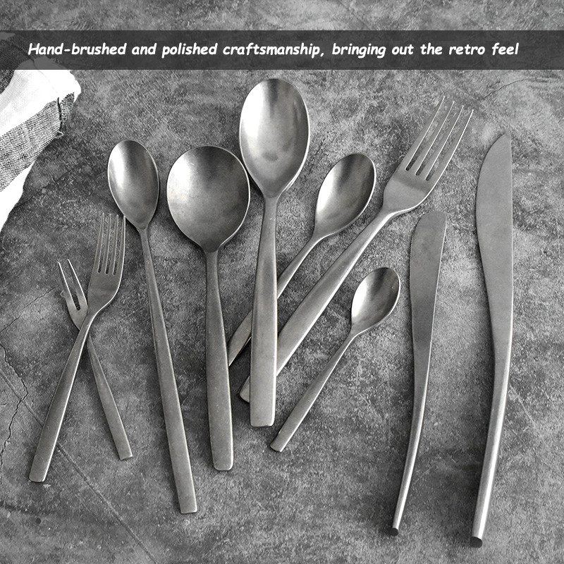 Retro matinis sidabras Nerūdijančio plieno indų rinkinys Stalo įrankių rinkiniai Vestuvių šakutės kepsnys peiliai Kavos šaukštelis indai matinis šepečiu