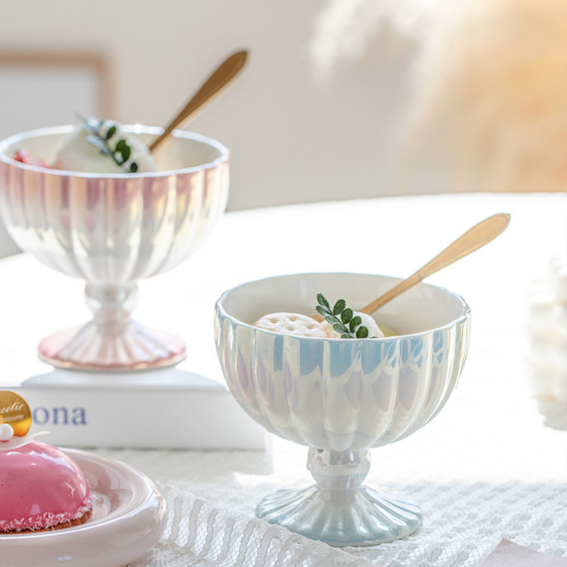 Perlų keramikos jogurto dubuo Namų virtuvė Subtilus desertinis dubuo Ledų puodelis Modernus gradientas, lengvas prabangus vakarėlis vaisių salotų dubenys