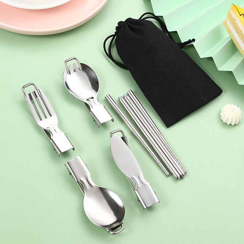 1vnt Nešiojami stalo reikmenys, nerūdijančio plieno stalo įrankiai, sulankstomi šaukštai, lazdelės, įrankiai, kelionių iškylų stovykla, vaikų Bento pietų stalo įrankiai