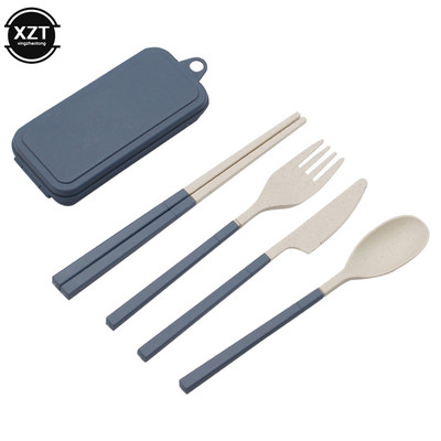 Naujas kviečių šiaudų nešiojamas šaukštas šakutė peilis lazdelės stalo įrankių rinkinys su sulankstoma dėžute, skirta iškylauti lauke