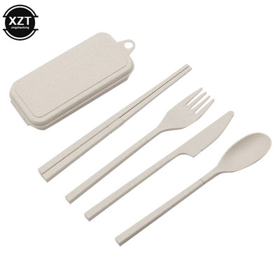 Naujas kviečių šiaudų nešiojamas šaukštas šakutė peilis lazdelės stalo įrankių rinkinys su sulankstoma dėžute, skirta iškylauti lauke