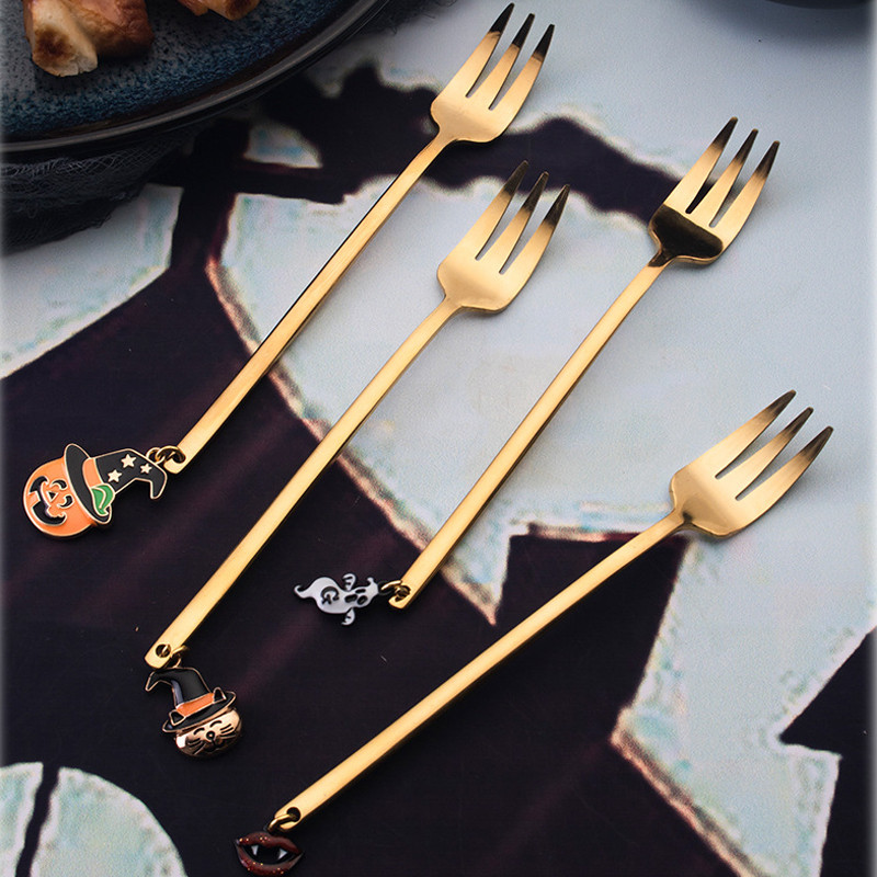 Helovino nerūdijančio plieno šaukšto ir šakutės rinkinys, raganos formos pakabukas virtuvės reikmenys, kavos ledai desertinis arbatos maišymo šaukštas