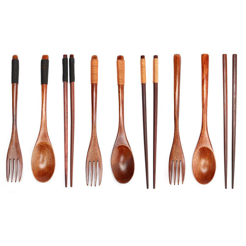 Puidust söögiriistade komplekt Puidust lusika kahvel Jaapani stiilis lusika kahvel Söögipulkade komplekt Pika varrega õhtusöögi lusikas Kaasaskantav lauanõu koos kotiga