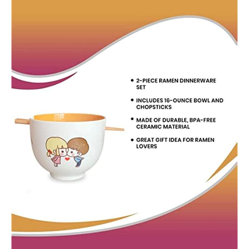 Poros bučiuojantis rameno dubuo su mediniu lazdeliu su 20 uncijų rameno dubenėliu greitai paruošiamų makaronų dubuo su buitiniais virtuvės reikmenimis