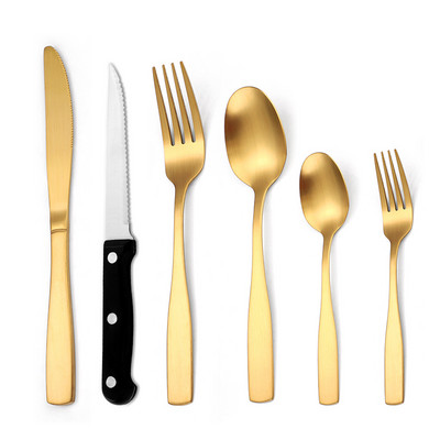 6 vnt Auksinių stalo įrankių rinkinys nerūdijančio plieno kepsnių peilių stalo įrankių rinkinys peilis šakutė šaukštas indų rinkinys matinis stalo įrankių kvadratinių rankenų rinkinys