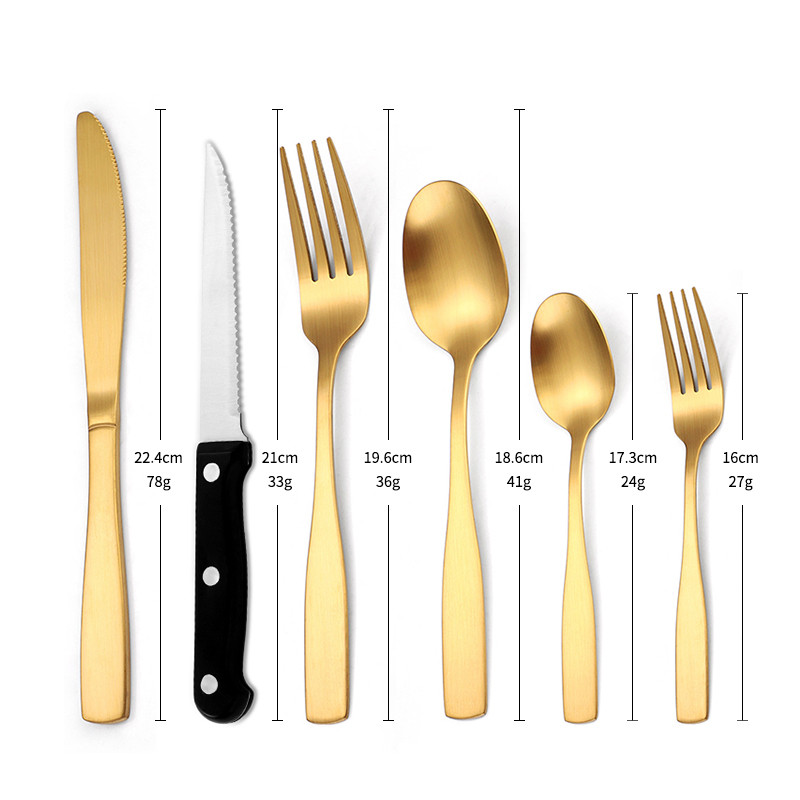 6 vnt Auksinių stalo įrankių rinkinys nerūdijančio plieno kepsnių peilių stalo įrankių rinkinys peilis šakutė šaukštas indų rinkinys matinis stalo įrankių kvadratinių rankenų rinkinys