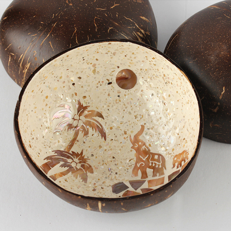 Smėlio spalvos natūraliai dekoruotas lukštas kokoso dubuo vaisių salotos makaronai ryžių dubuo mediniai jogurtiniai indai Rankdarbiai namų dekoracijos