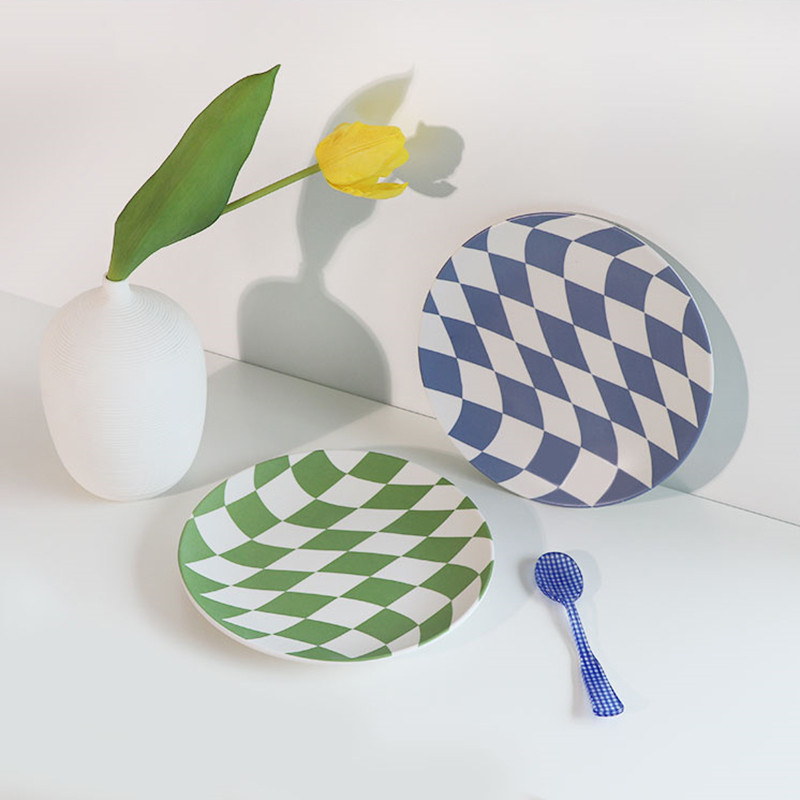 Σκανδιναβικό πιάτο σκακιέρας Στρογγυλό μπαμπού ινών πρωινού Πιάτο σαλάτας Επιδόρπιο Πιάτο φρούτων Στολίδι για το σπίτι