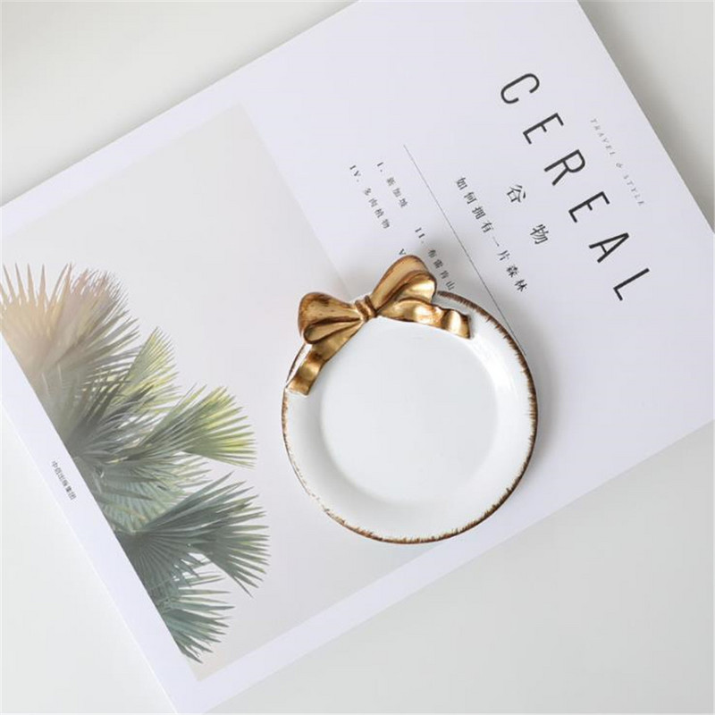 Δημιουργικό ρετρό επίχρυσο πιάτα για κέικ φρούτων Δίσκοι αποθήκευσης Πιάτο Υπέροχο επιδόρπιο με μοτίβο με φιόγκους Διακόσμηση σπιτιού 1 ΤΕΜ.