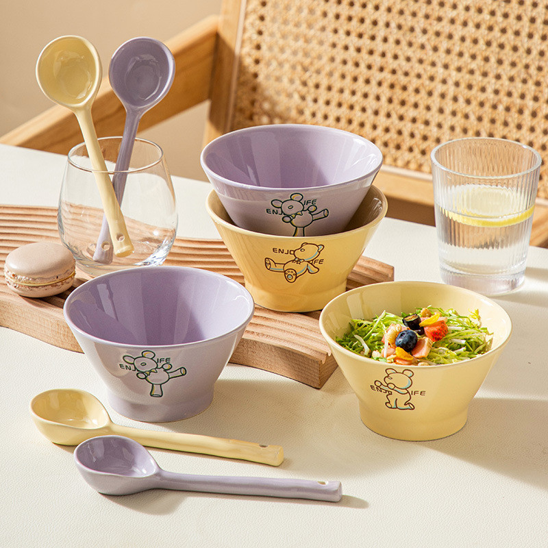 1 komad zdjele s šeširom od bambusa od 5 inča Japanska keramička zdjela za žutu rižu u boji ispod glazure mala zdjela s šeširom od bambusa visoka zdjela slatki crtić