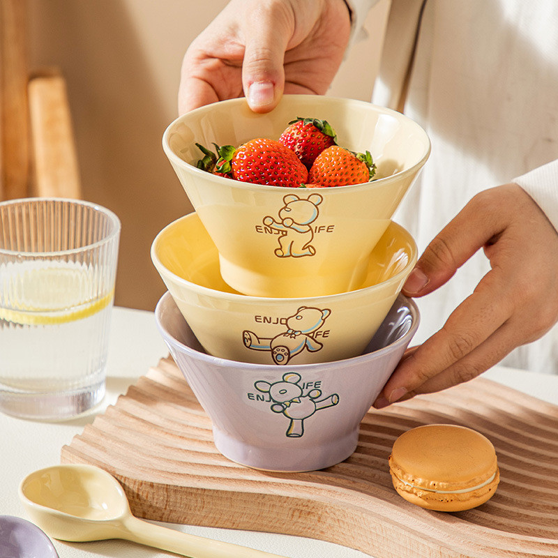 1 komad zdjele s šeširom od bambusa od 5 inča Japanska keramička zdjela za žutu rižu u boji ispod glazure mala zdjela s šeširom od bambusa visoka zdjela slatki crtić