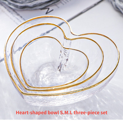 Läbipaistev klaasist armastuskauss loominguline südamekujuline kuldne laineline klaasist salatikauss puuviljamagustoit ramen kauss eine Tööriistakomplekt