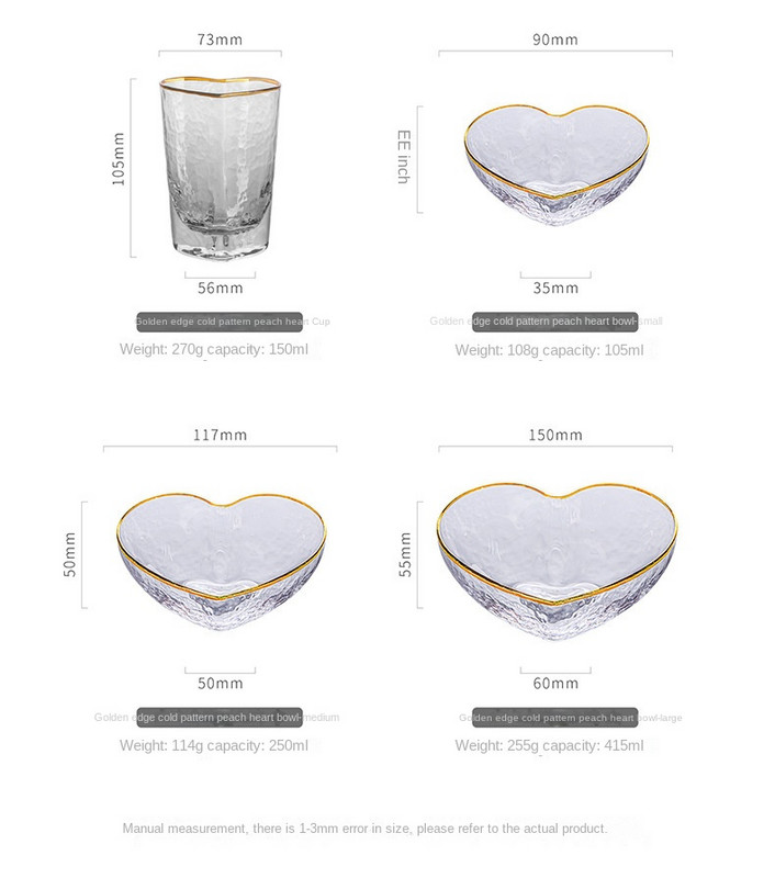 Läbipaistev klaasist armastuskauss loominguline südamekujuline kuldne laineline klaasist salatikauss puuviljamagustoit ramen kauss eine Tööriistakomplekt