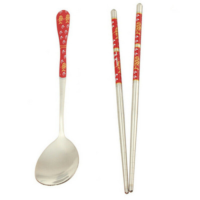 Korėjietiškas kiniškas nerūdijančio plieno šaukštas + lazdelės, daugkartinio naudojimo stalo reikmenų rinkiniai, dovana