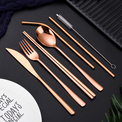 Roostevabast terasest kahvlikühvel Söögipulgad õlgedest harjade komplekt Vikerkaar söögiriistad kotiga Kaasaskantav korduvkasutatav reisinõude komplekt 304