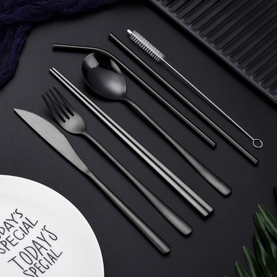 Roostevabast terasest kahvlikühvel Söögipulgad õlgedest harjade komplekt Vikerkaar söögiriistad kotiga Kaasaskantav korduvkasutatav reisinõude komplekt 304