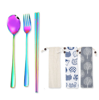 Roostevabast terasest kahvlikühvel Söögipulgad õlgedest harjade komplekt Vikerkaar söögiriistad kotiga Kaasaskantav korduvkasutatav reisinõude komplekt 304