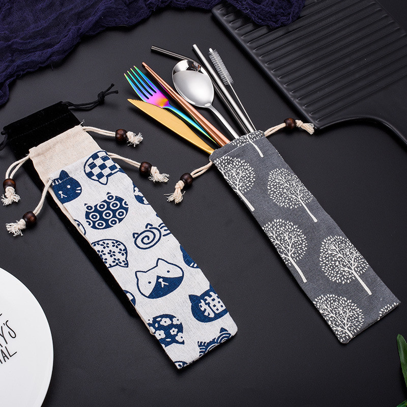 Roostevabast terasest kahvlikühvel Söögipulgad õlgedest harjade komplekt Vikerkaar söögiriistad kotiga Kaasaskantav korduvkasutatav reisinõude komplekt 304