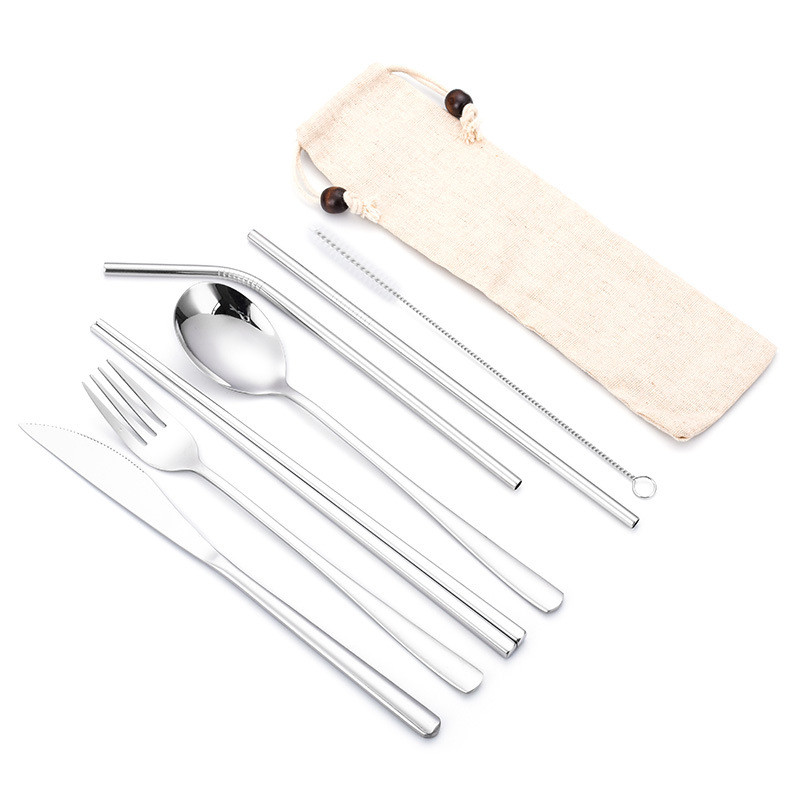 Roostevabast terasest kahvlikühvel Söögipulgad õlgedest harjade komplekt Vikerkaar söögiriistad kotiga Kaasaskantav korduvkasutatav reisinõude komplekt 304