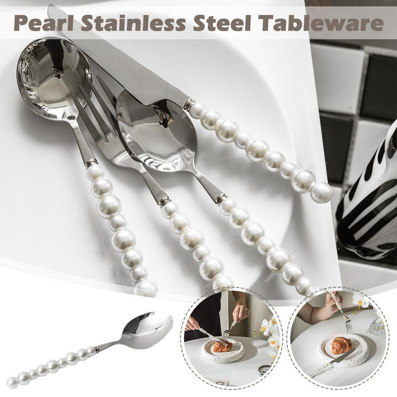 Sidabrinės spalvos mados perliniai stalo įrankiai nerūdijančio plieno kūrybiškumo dovana stalo reikmenys 304 perlų peilis šakutė Šaukštas mieli stalo įrankių priedai