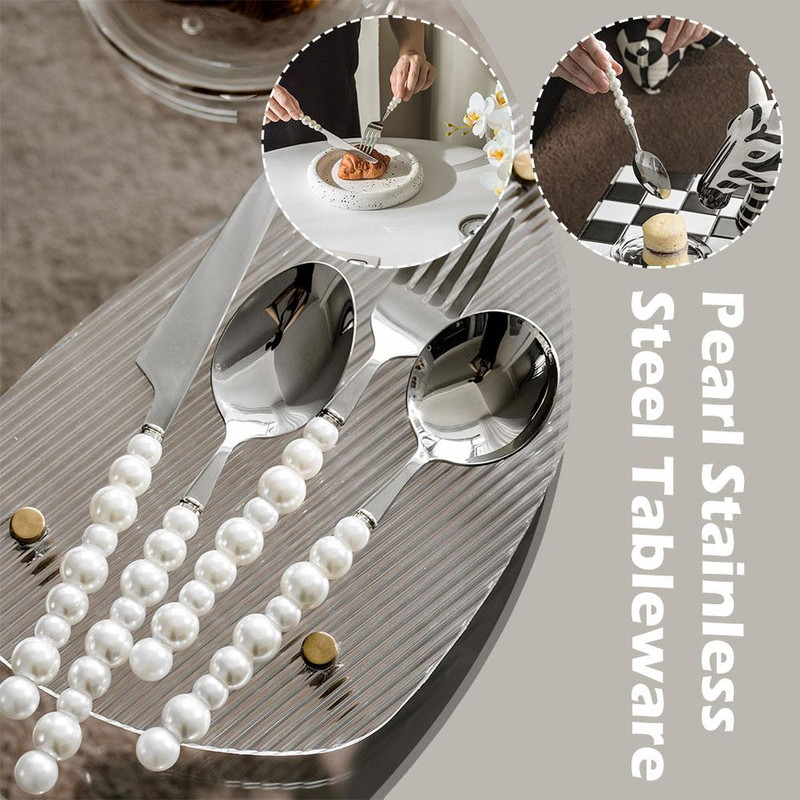 Sidabrinės spalvos mados perliniai stalo įrankiai nerūdijančio plieno kūrybiškumo dovana stalo reikmenys 304 perlų peilis šakutė Šaukštas mieli stalo įrankių priedai